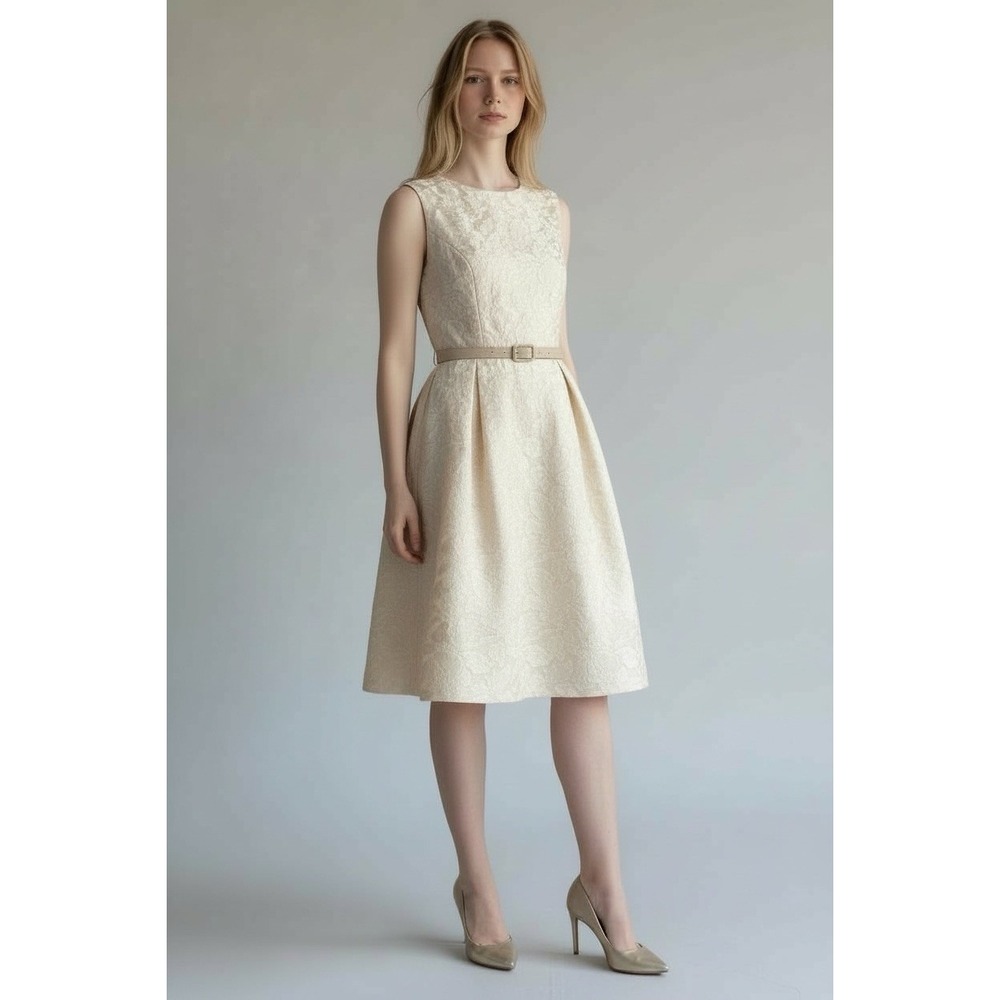 VTG 50/60's Cream/Gold Jacquard zip dress Size 8/10 belt Hand made (flawed)